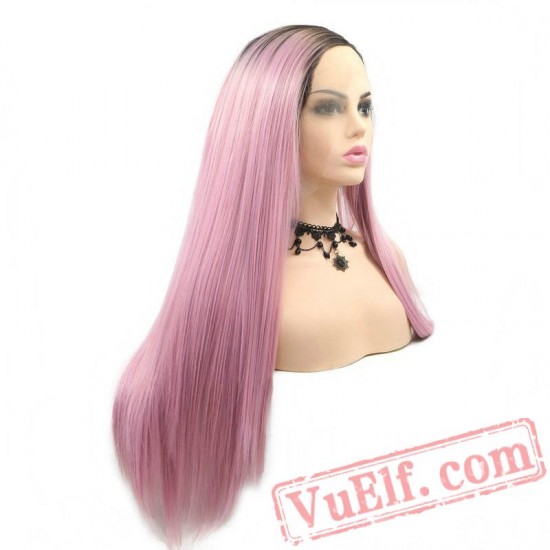 Lace Front Wig Long Silky Straight Hair Wig Pink Wig Women Girls Party Cosplay