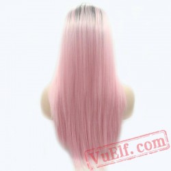 Pink Silky Straight Hair Lace Front Wigs Grey Roots Light Pink