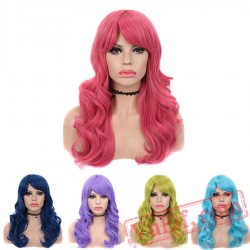 Pink Blue Bangs Wavy Wig Women Green Purple Cosplay Hair Wig
