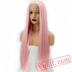 Natural Long Silky Straight Pink Lace Front Wig White Women