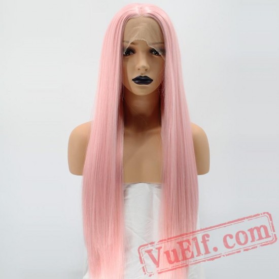 Natural Long Silky Straight Pink Lace Front Wig White Women