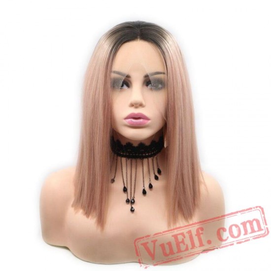 Red Dark Roots Mixed Pink Lace Front Wigs Pink Grey Blonde Wigs