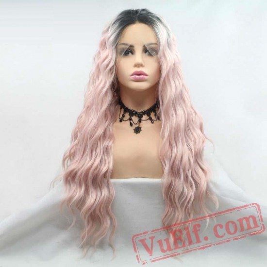 Long Loose Wave Pink Lace Front Wigs Women Hair Black Roots Wig