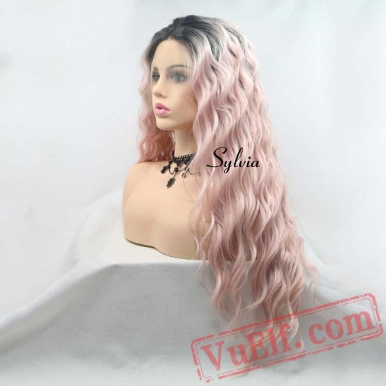 Long Loose Wave Pink Lace Front Wigs Women Hair Black Roots Wig