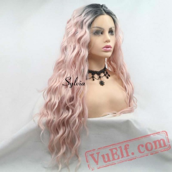 Long Loose Wave Pink Lace Front Wigs Women Hair Black Roots Wig