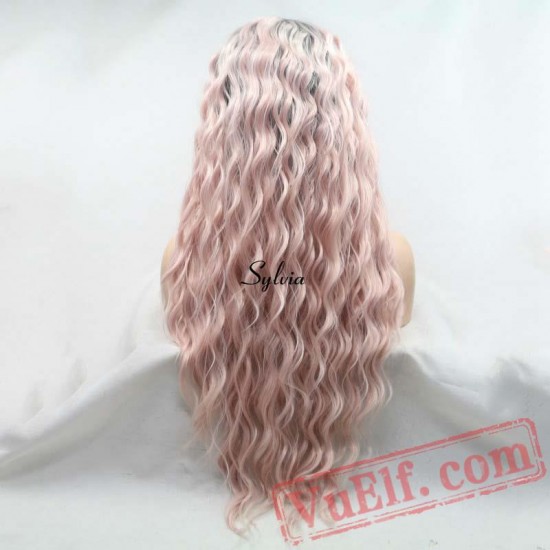 Long Loose Wave Pink Lace Front Wigs Women Hair Black Roots Wig