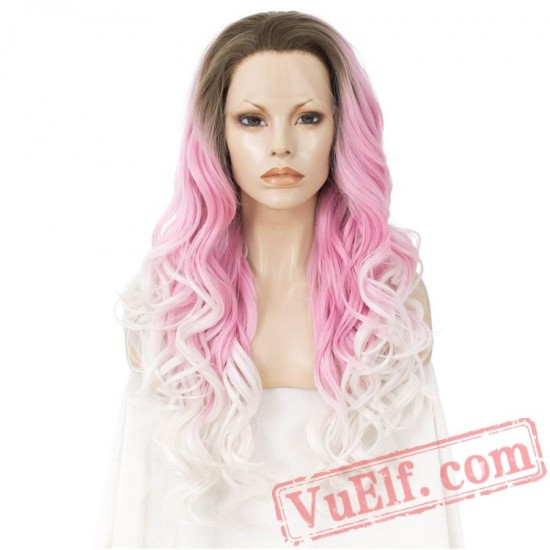 Pink White Lace Front Wig Three Tone Wavy Wigs Women Cosplay Wig