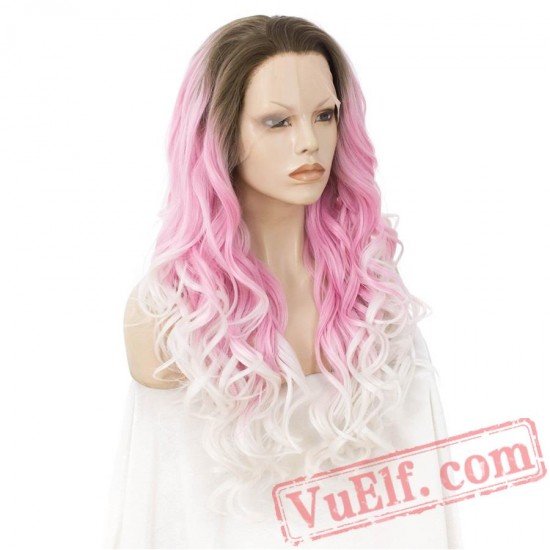 Pink White Lace Front Wig Three Tone Wavy Wigs Women Cosplay Wig