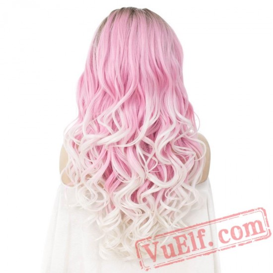 Pink White Lace Front Wig Three Tone Wavy Wigs Women Cosplay Wig