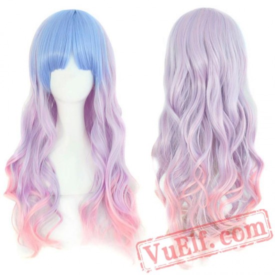 Long Women wigs Rainbow Pink Blue hair cosplay wig