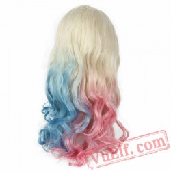 Lace Front Long Blonde Half Blue/Half Pink Wigs Wave Hair