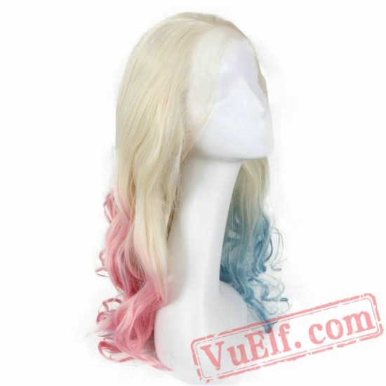 Lace Front Long Blonde Half Blue/Half Pink Wigs Wave Hair