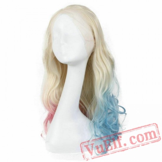 Lace Front Long Blonde Half Blue/Half Pink Wigs Wave Hair