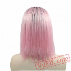 Dark Roots Pink Short Bob Wig Lace Front Wig Women Cosplay