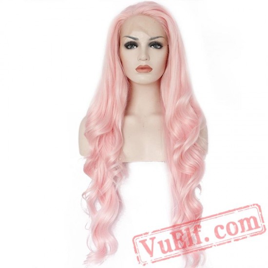 Long Wave Pink Grey Blonde Orange Lace Front Wig Women