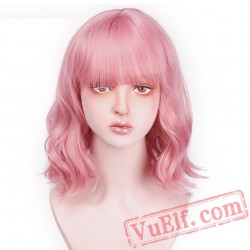 Women Short Pink Wavy Wig Bang Purple Wave Wig Cosplay Halloween Hair