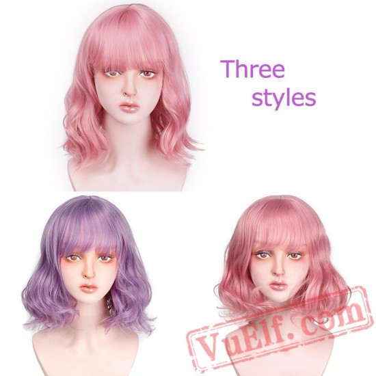 Women Short Pink Wavy Wig Bang Purple Wave Wig Cosplay Halloween Hair