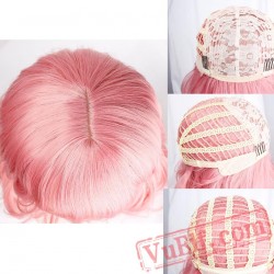 Women Short Pink Wavy Wig Bang Purple Wave Wig Cosplay Halloween Hair