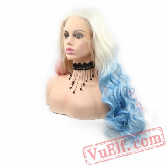 Wave Blonde Blue Pink Wigs Lace Front Women Cosplay Wigs