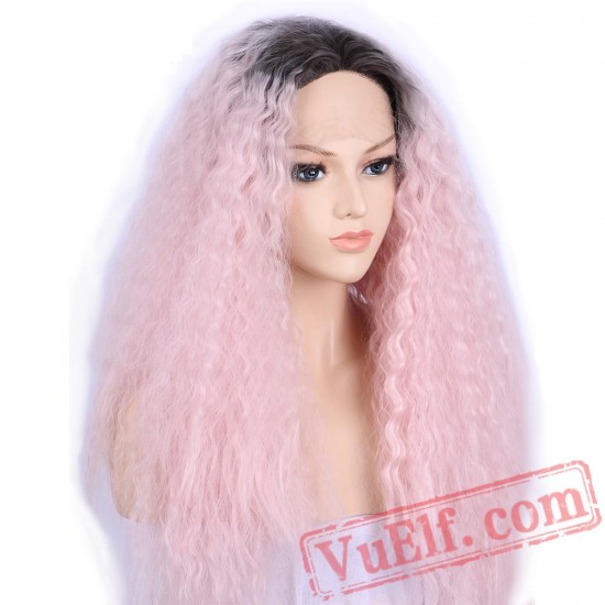 Pink Dark Roots Lace Front Wig Long Curly Wigs Women Party Halloween