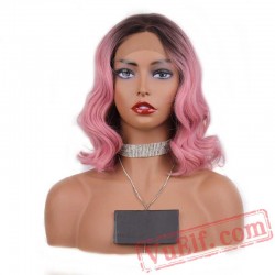 Black Root Pink Wave Lace Front Wigs Short Bob Wig Women