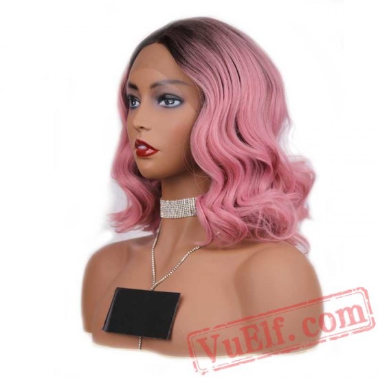 Black Root Pink Wave Lace Front Wigs Short Bob Wig Women