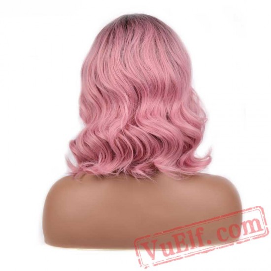 Black Root Pink Wave Lace Front Wigs Short Bob Wig Women