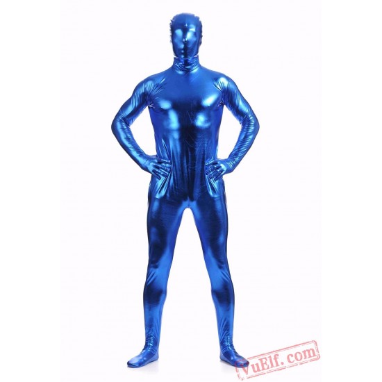 Blue Shiny Metalic Mens Lycra Spandex BodySuit | Zentai Suit