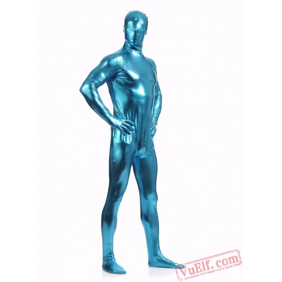 Blue Shiny Metalic Mens Lycra Spandex BodySuit | Zentai Suit