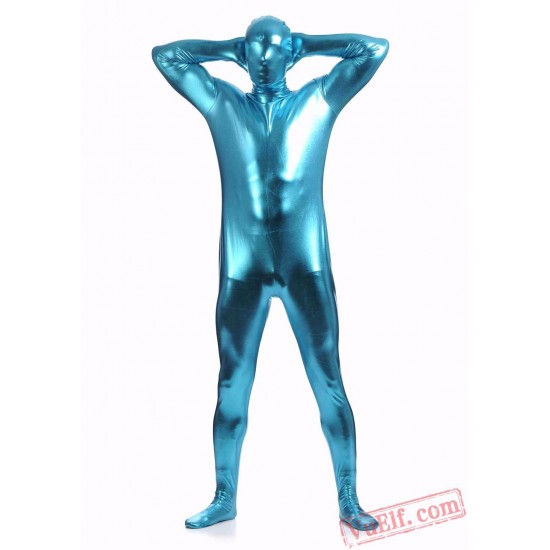 Blue Shiny Metalic Mens Lycra Spandex BodySuit | Zentai Suit