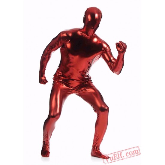 Red Shiny Metalic Mens Lycra Spandex BodySuit | Zentai Suit