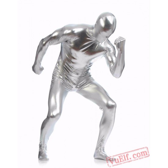 Silvery Shiny Metalic Mens Lycra Spandex BodySuit | Zentai Suit