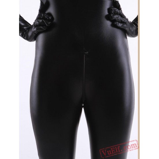 Black Metallic Open Hip Lycra Spandex BodySuit | Zentai Suit