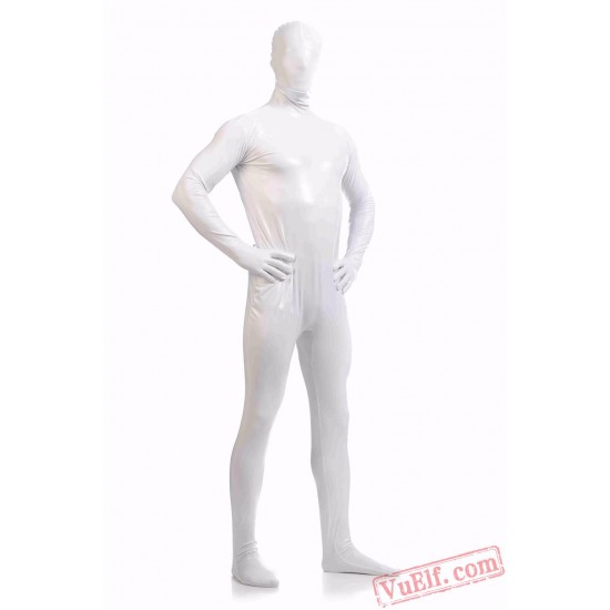 White Shiny Metalic Mens Lycra Spandex BodySuit | Zentai Suit