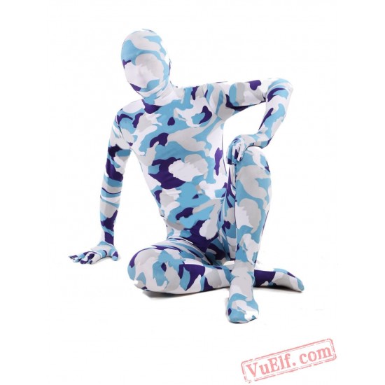 Blue White Camouflage Lycra Spandex BodySuit | Zentai Suit